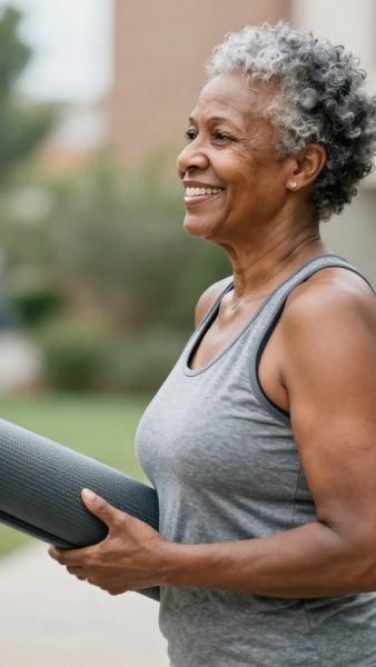 older  fit woman of color holding a yoga mat looking happy side profile